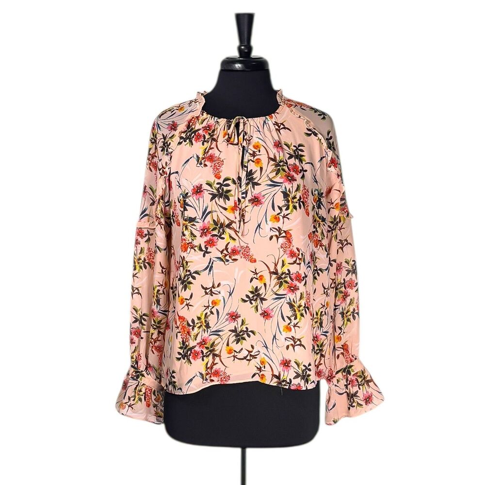 Rose + Olive Women's Blouse Floral Ruffle Colorful Flutter Sleeve Keyhole Top M